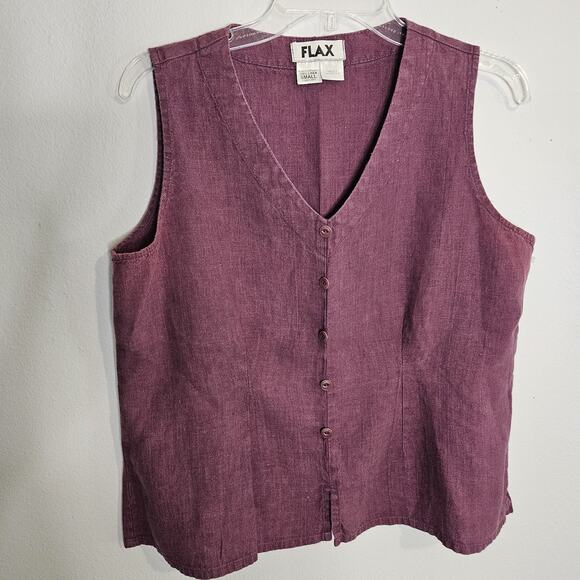 Flax Sleeveless Top Plum Washable Linen Sleeveless V-Neck Button Accent Size S - Picture 1 of 7